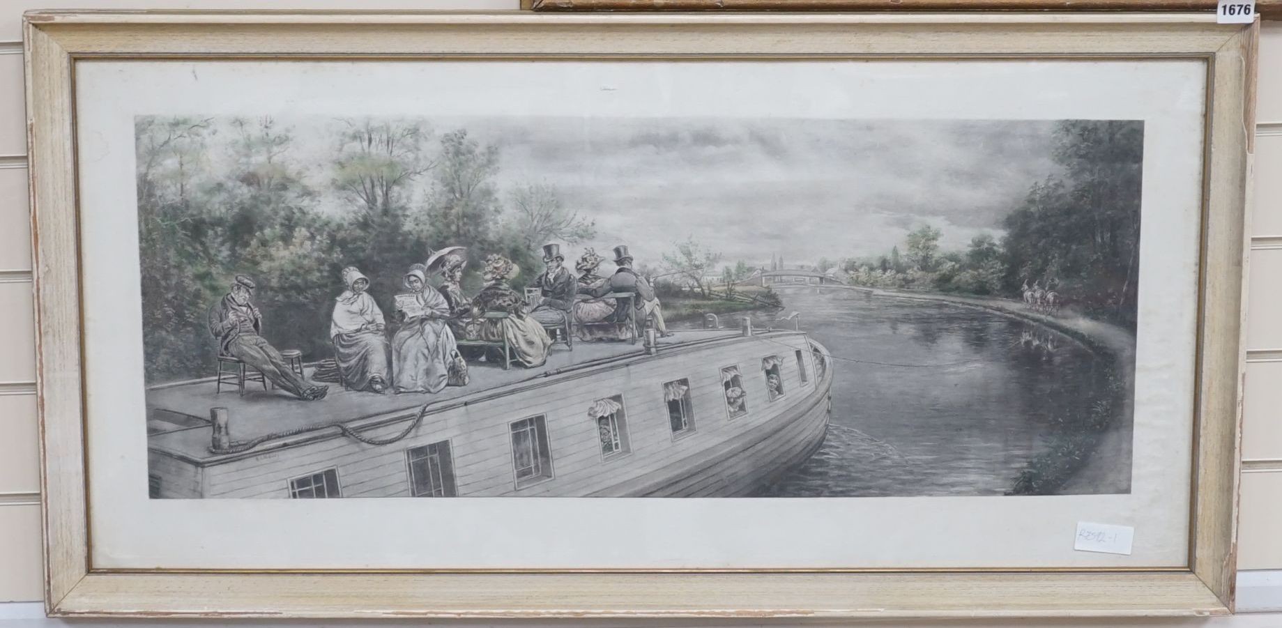 Edward Lamson Henry (1841-1919), lithograph, Figures travelling upon a Victorian canal boat, 34 x 87cm